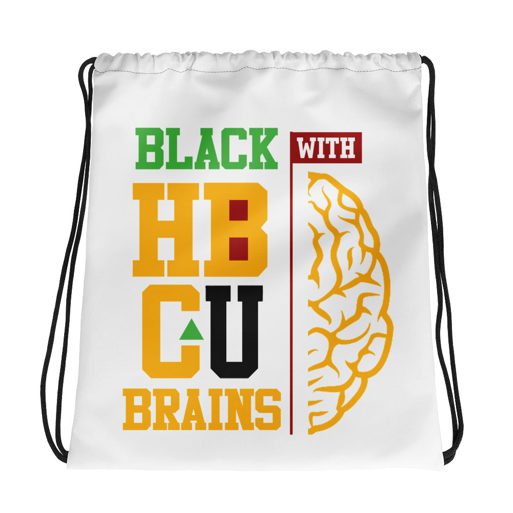 Black With HBCU Brains Drawstring Bag